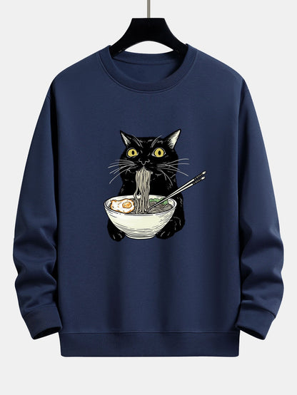 Cat Eating Noodles Print Relax Fit Sweatshirt