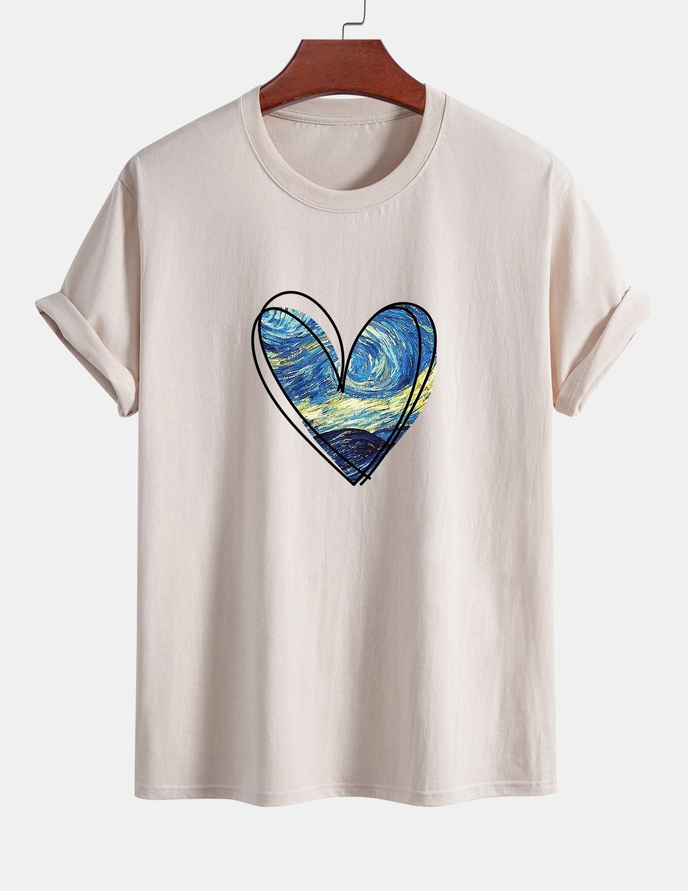 Regular Fit Starry Sky Heart Print Cotton T-Shirt