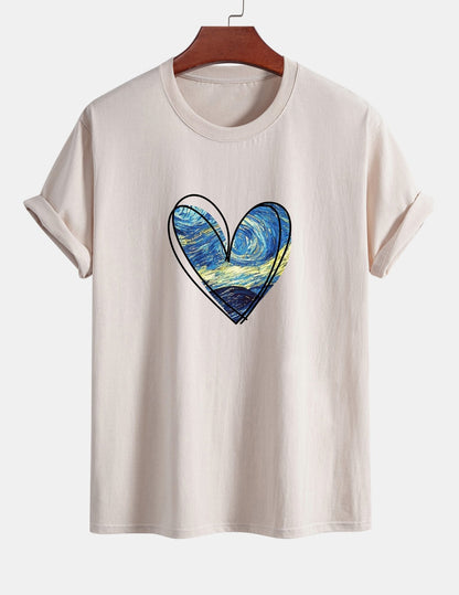 Regular Fit Starry Sky Heart Print Cotton T-Shirt