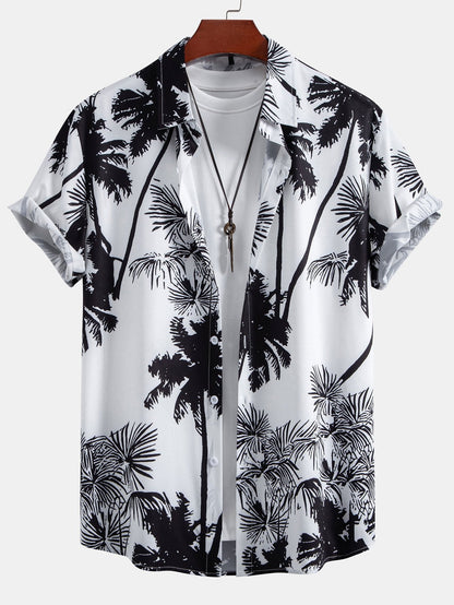 Palm Trees Print Button Up Shirt & Striped Print Swim Shorts