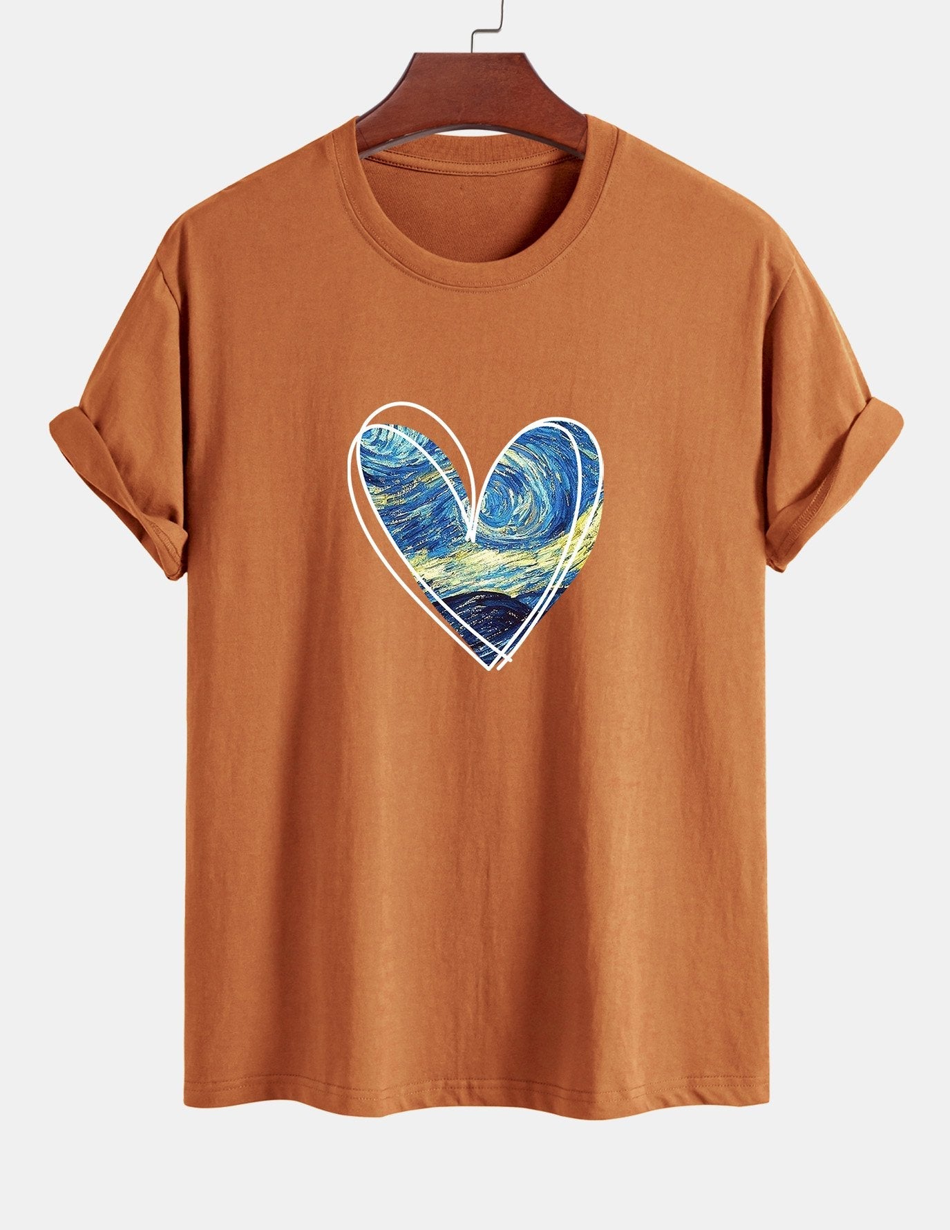 Regular Fit Starry Sky Heart Print Cotton T-Shirt