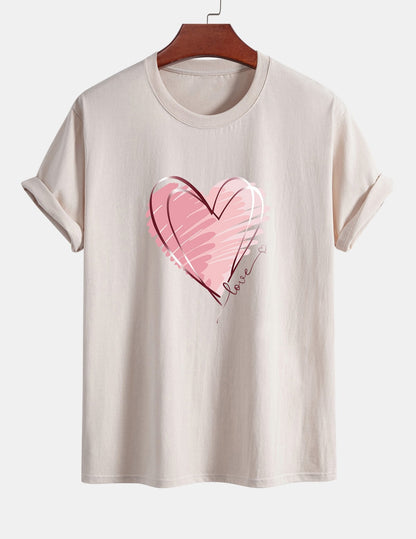 Regular Fit Doodle Heart Print Cotton T-Shirt