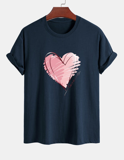 Regular Fit Doodle Heart Print Cotton T-Shirt
