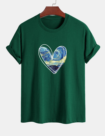 Regular Fit Starry Sky Heart Print Cotton T-Shirt