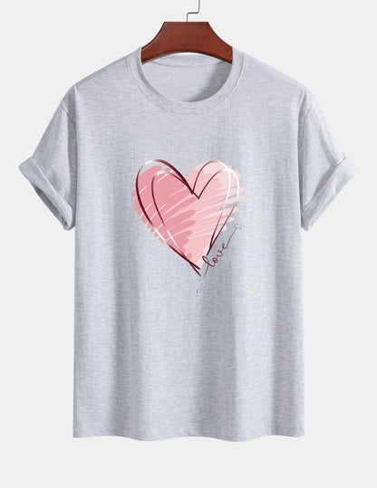 Regular Fit Doodle Heart Print Cotton T-Shirt